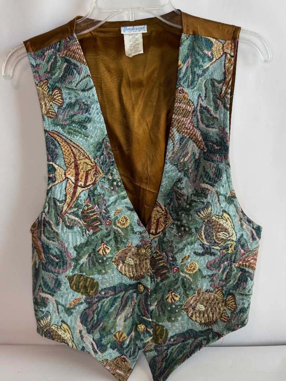 Vintage Backroad Blues Vest Womens Tapestry Fish Button Front-Size Large